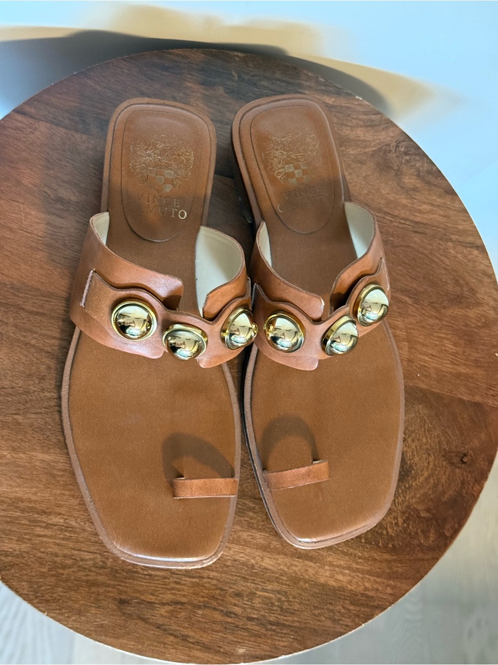 Vince Camuto Tan Leather Toe-Ring Sandals with Gold Domes
